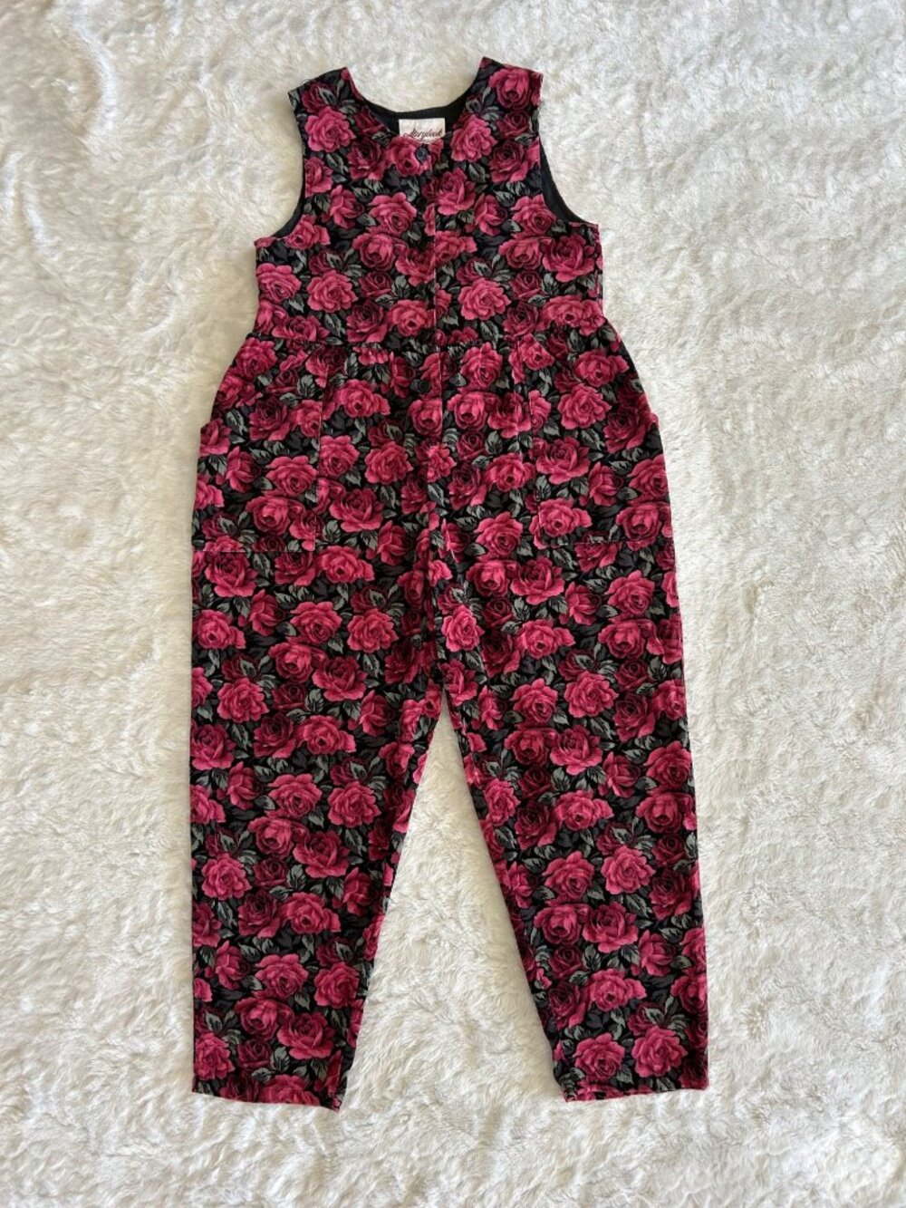 90s Vintage Storybook Heirloom Corduroy Rose Jumpsuit Jumper Girls Size 10 USA